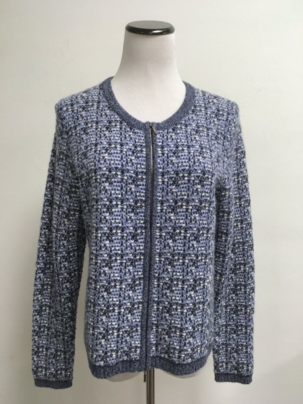 Pure Cashmere 100% blue black tweed zip sweater cardigan jacket 12 L